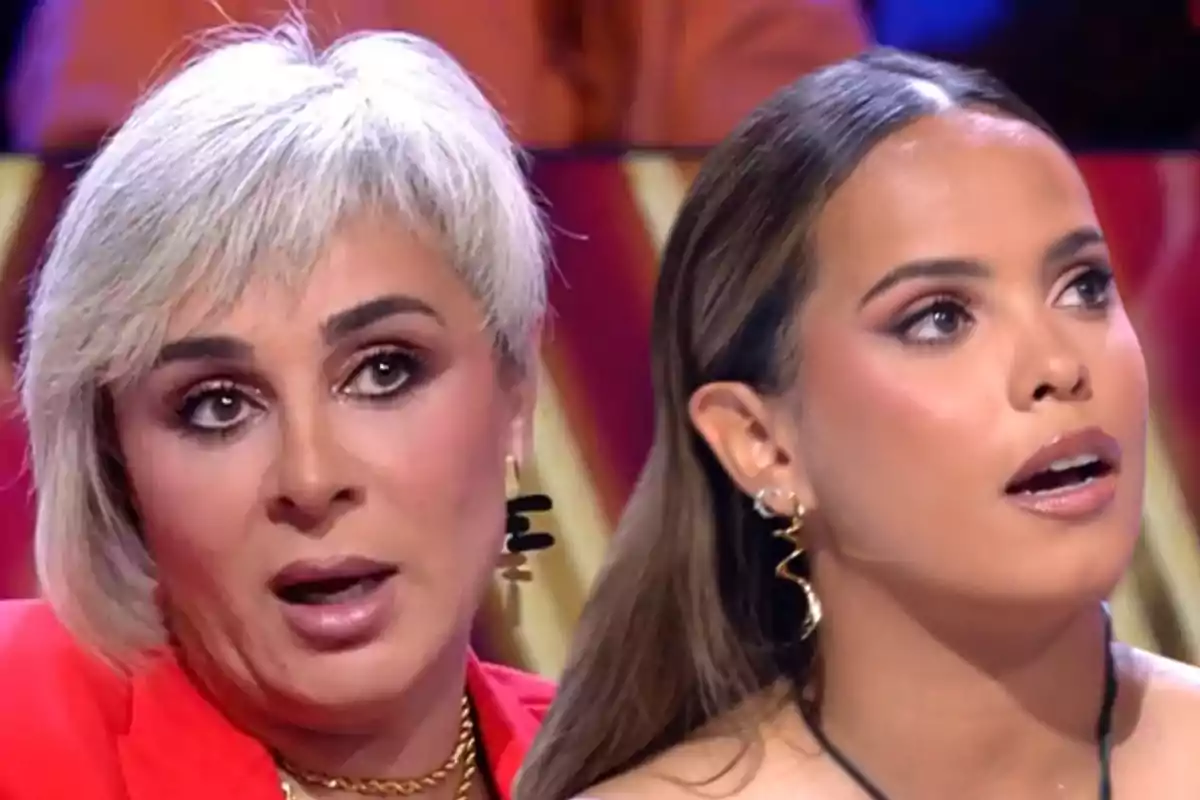 Dos personas con expresiones de sorpresa y atención en un programa de televisión.