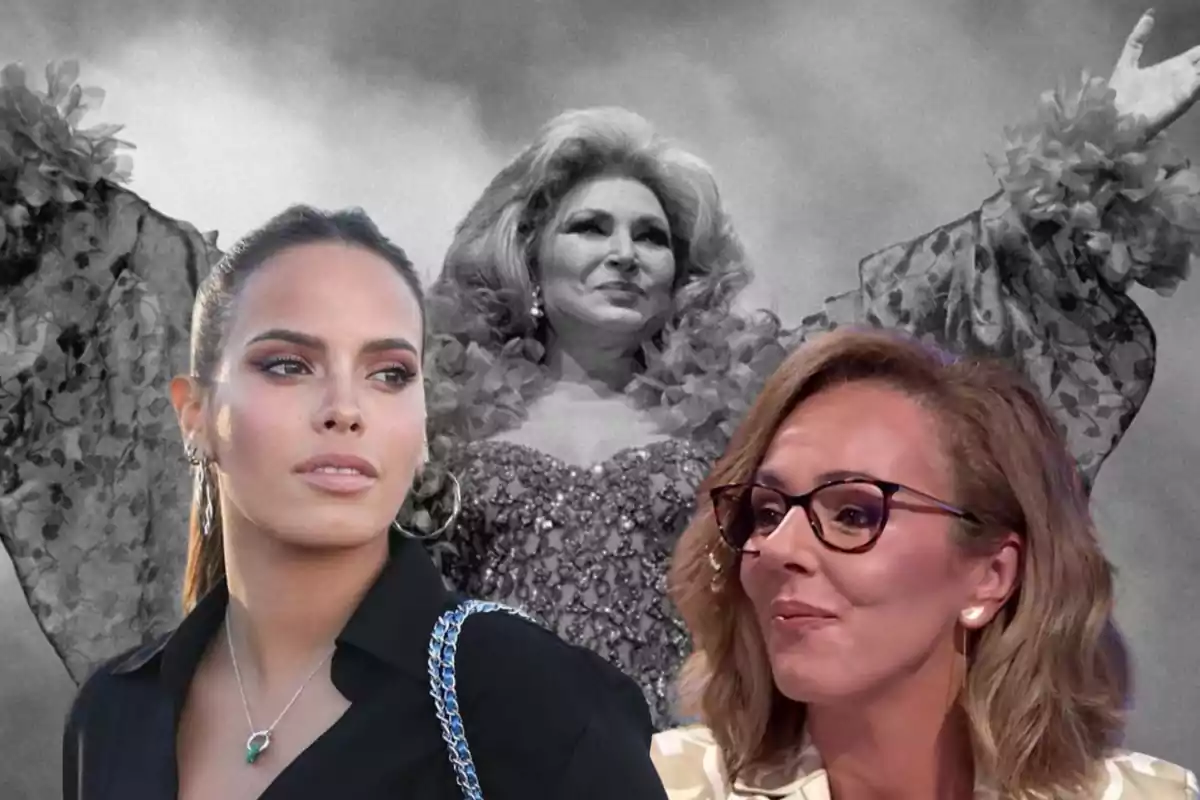 Tres mujeres en la imagen, dos en primer plano a color y una al fondo en blanco y negro con los brazos extendidos y vestuario llamativo