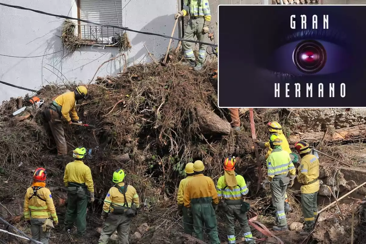 Un grupo de rescatistas trabaja en la limpieza de escombros y vegetación frente a un edificio, mientras en la esquina superior derecha se muestra un logo con un ojo y las palabras "Gran Hermano".