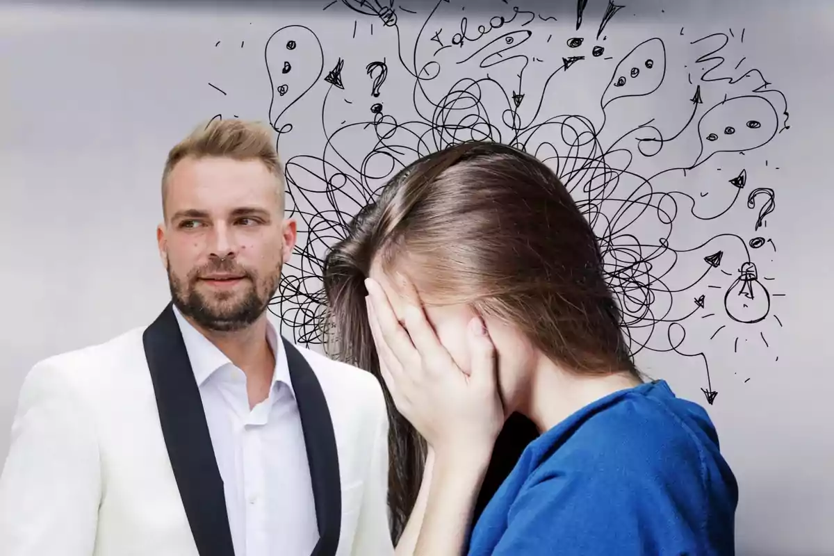 Un hombre con barba y traje blanco mira hacia la izquierda mientras una mujer con las manos en la cara parece angustiada, con garabatos y símbolos de ideas dibujados en el fondo.