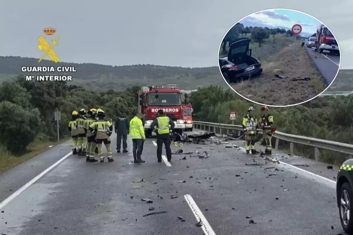 Un grupo de bomberos y personal de emergencia se encuentra en una carretera atendiendo un accidente, con escombros esparcidos por el asfalto y un camión de bomberos presente.