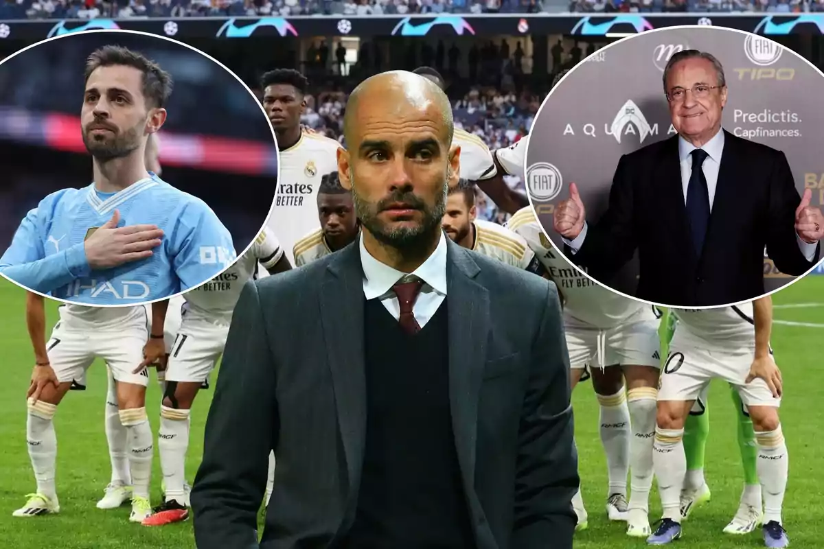 Pep Guardiola con el equipo del Madrid detrás, a un lado Florentino y al otro lado Bernardo Silva