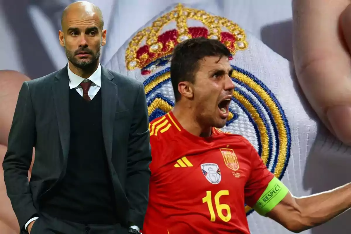 Un hombre con traje oscuro y corbata roja está de pie con las manos en los bolsillos, mientras que otro hombre con una camiseta roja de la selección española de fútbol y un brazalete de capitán verde está gritando con entusiasmo; de fondo se ve un escudo del Real Madrid.