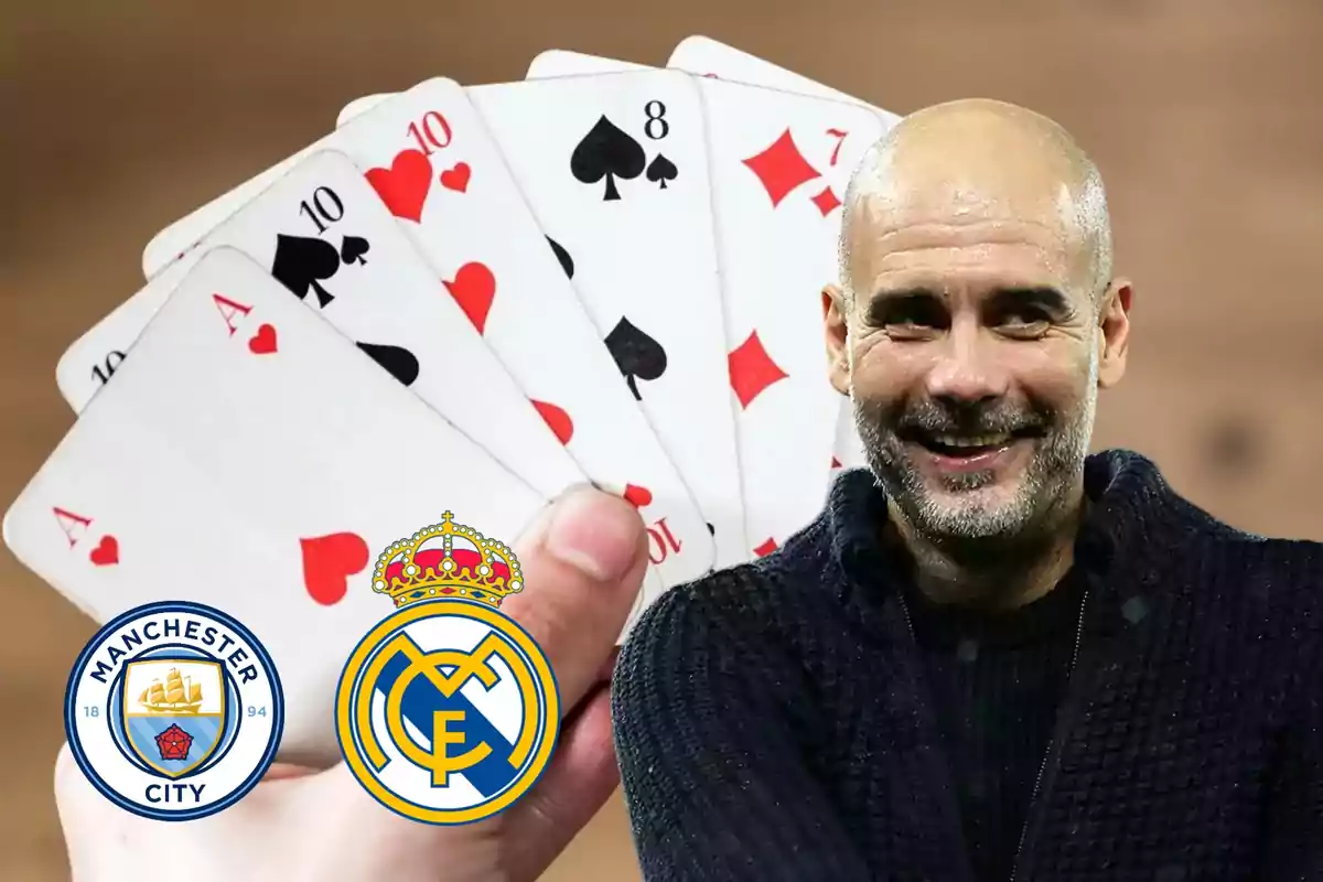 Una persona sonriente junto a una mano de cartas de póker y los escudos de los equipos de fútbol Manchester City y Real Madrid.