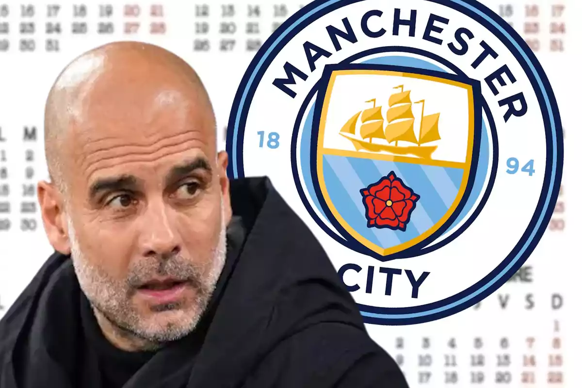 Guardiola y escudo Manchester City, frente a un calendario