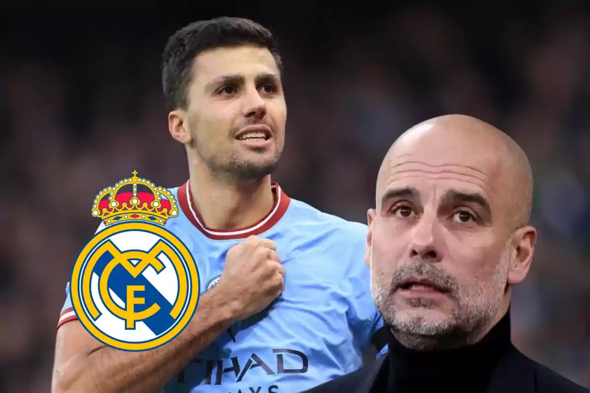 Dos hombres con una camiseta de fútbol azul y un escudo del Real Madrid superpuesto.