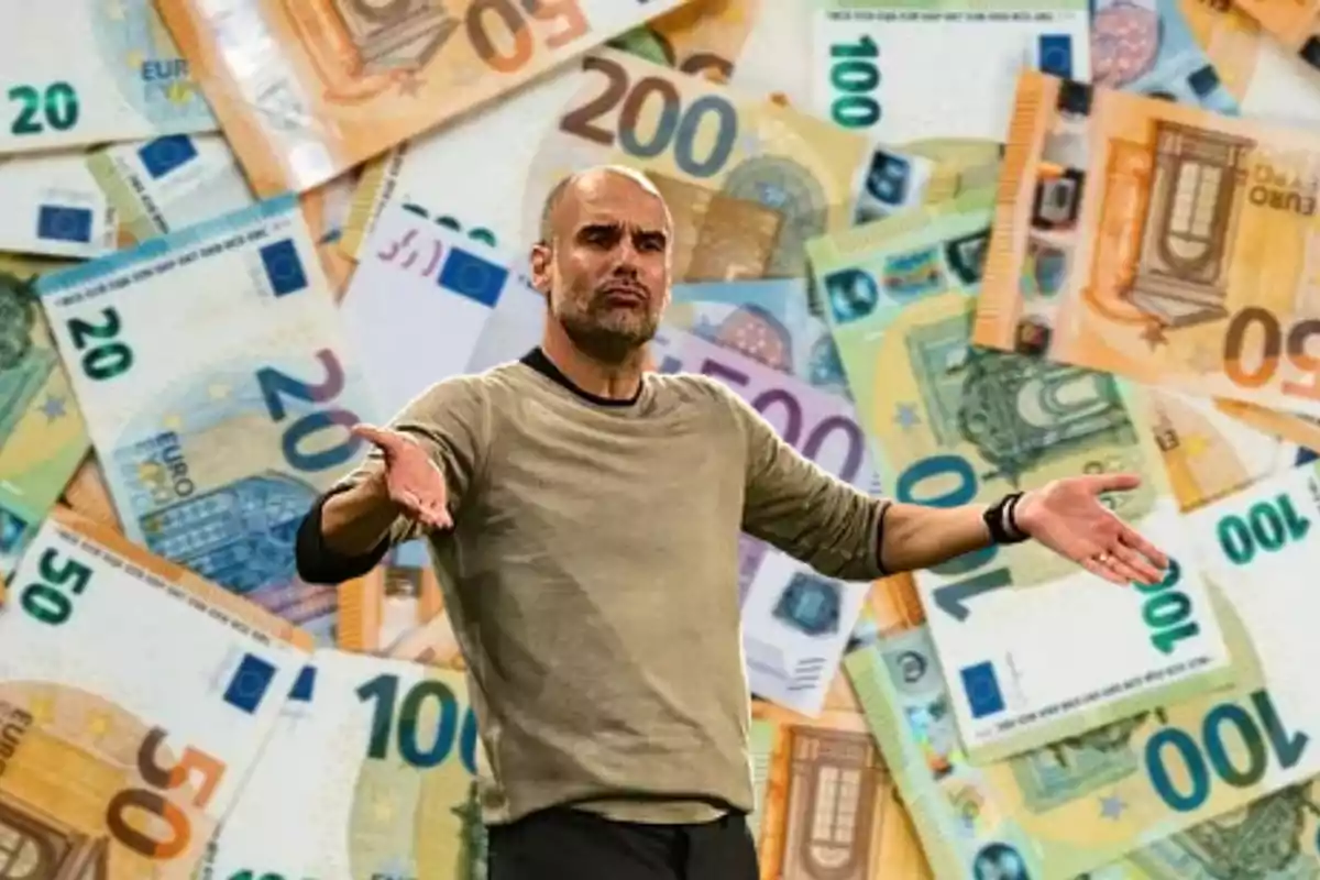 Un hombre con una expresión de confusión o frustración, con un fondo de billetes de euro de diferentes denominaciones.