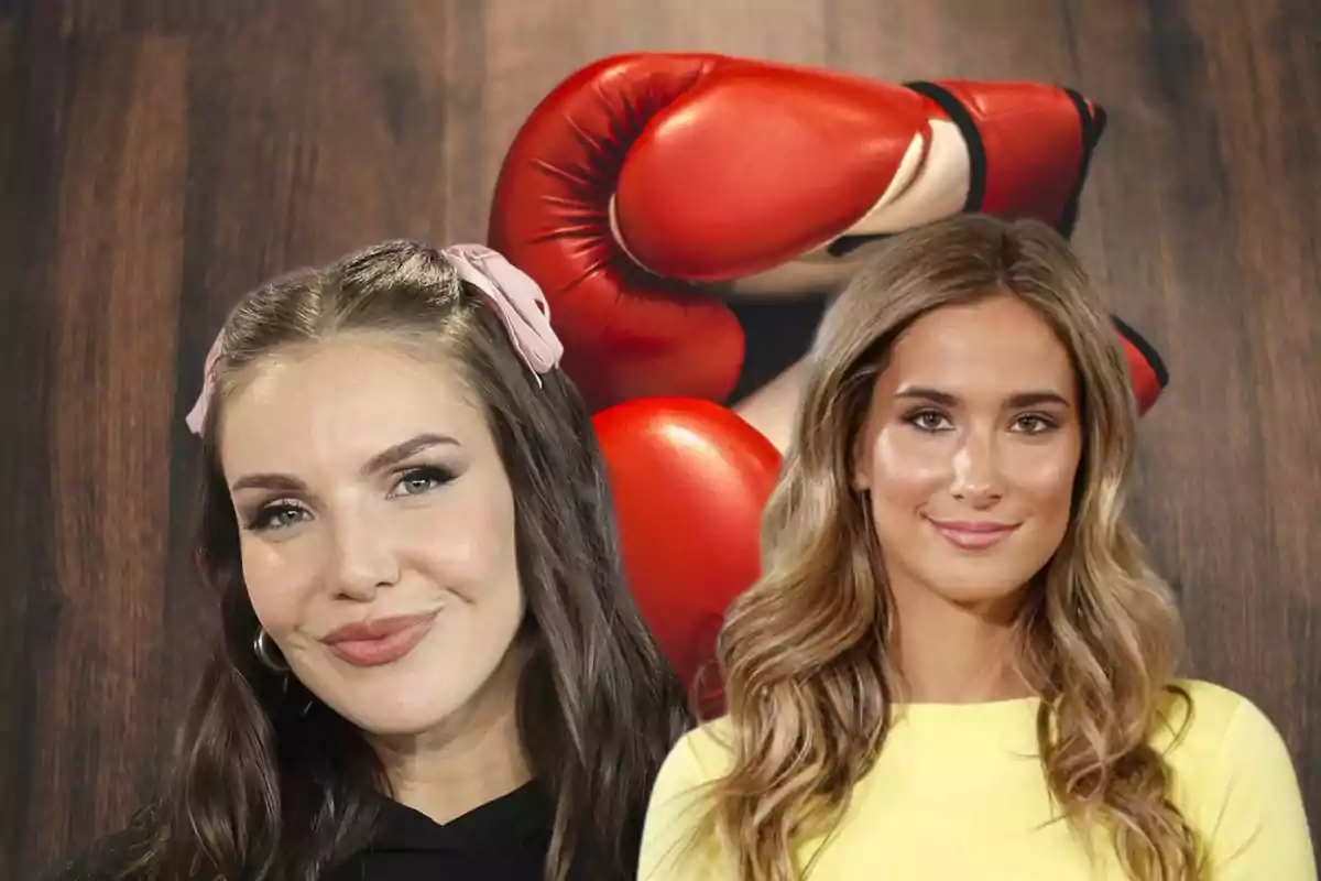 Dos mujeres posan frente a unos guantes de boxeo rojos sobre un fondo de madera