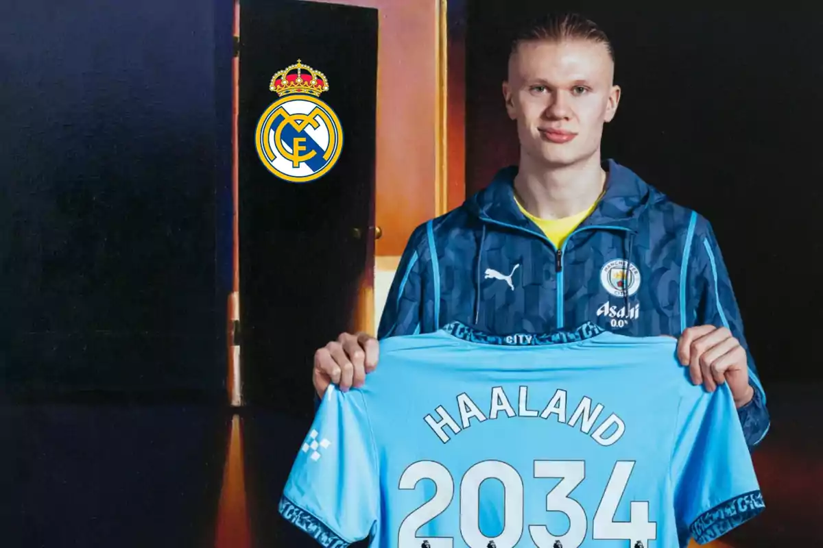 Un jugador de fútbol sostiene una camiseta azul con el nombre "Haaland" y el número "2034", mientras que el escudo del Real Madrid aparece en el fondo.