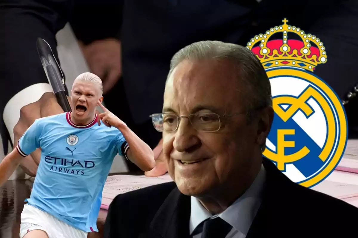 Un jugador de fútbol con la camiseta del Manchester City celebrando, junto a un hombre mayor con gafas y el escudo del Real Madrid de fondo.