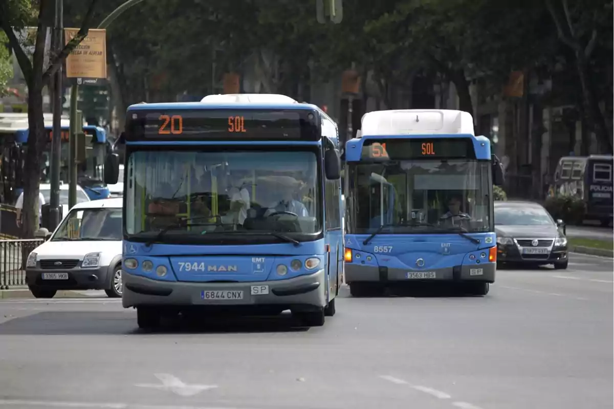 Dos autobuses azules de la EMT circulan por una calle, uno con el número 20 y otro con el número 51, ambos con destino a Sol. Dos autobuses azules de la EMT circulan por una calle, uno con el número 20 y otro con el número 51, ambos con destino a Sol.
