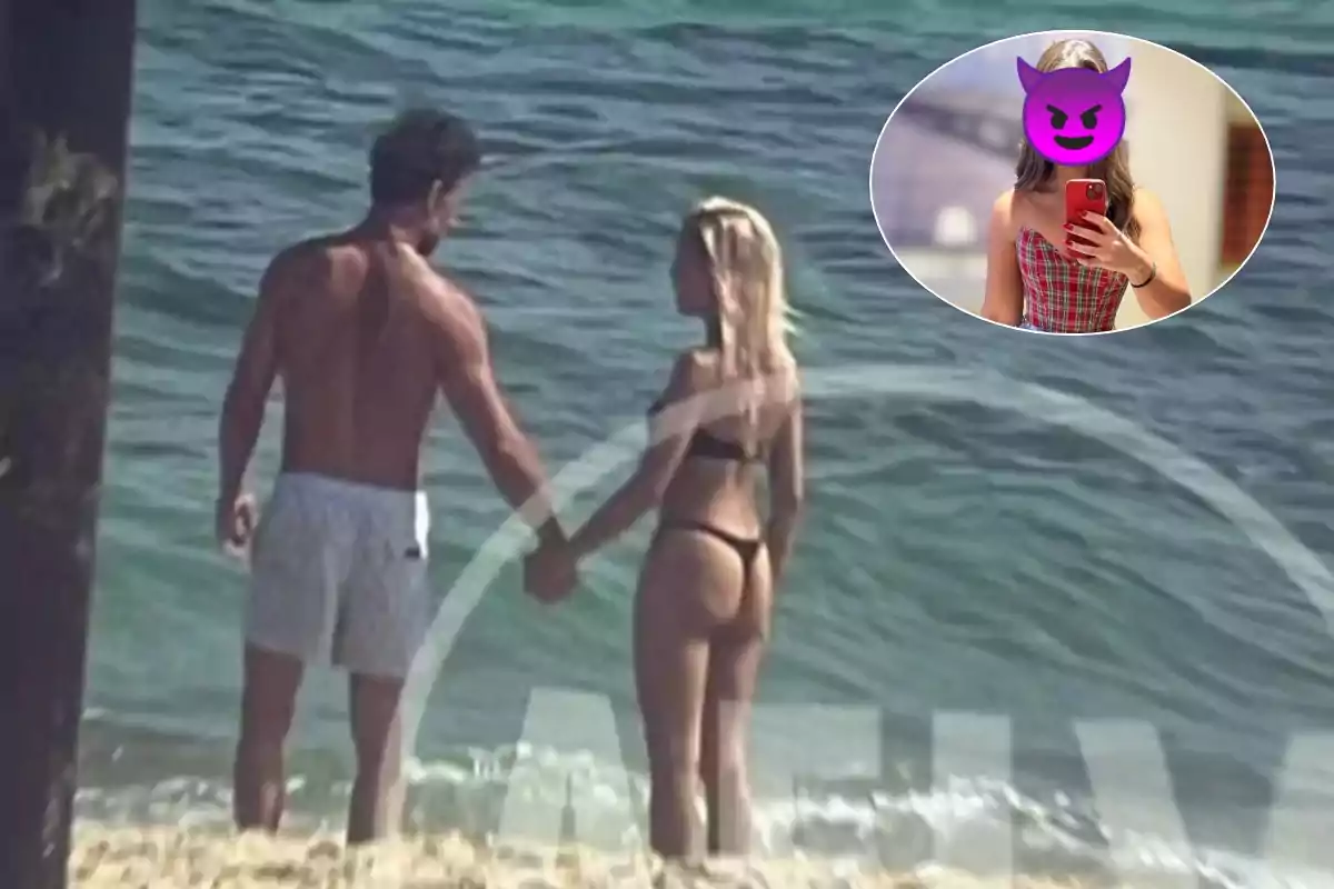 Una pareja de espaldas en la playa, sosteniéndose de la mano, con el mar de fondo y un recuadro en la esquina superior derecha mostrando a una persona con un emoji de diablo en la cara.