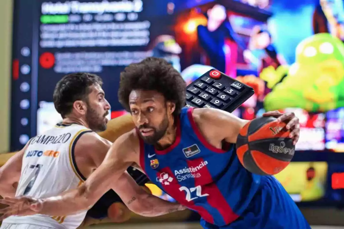 Jugadores de baloncesto en acción con un control remoto y una pantalla de fondo.