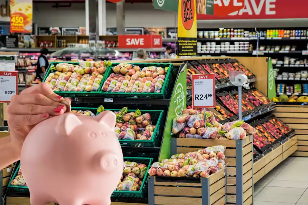 Una mano sosteniendo una alcancía de cerdito frente a una sección de frutas en un supermercado con carteles de descuento.