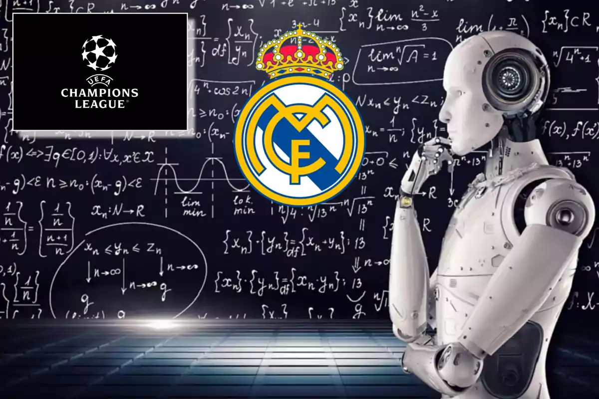 Un robot pensativo frente a una pizarra llena de fórmulas matemáticas con el logo del Real Madrid y el de la UEFA Champions League.