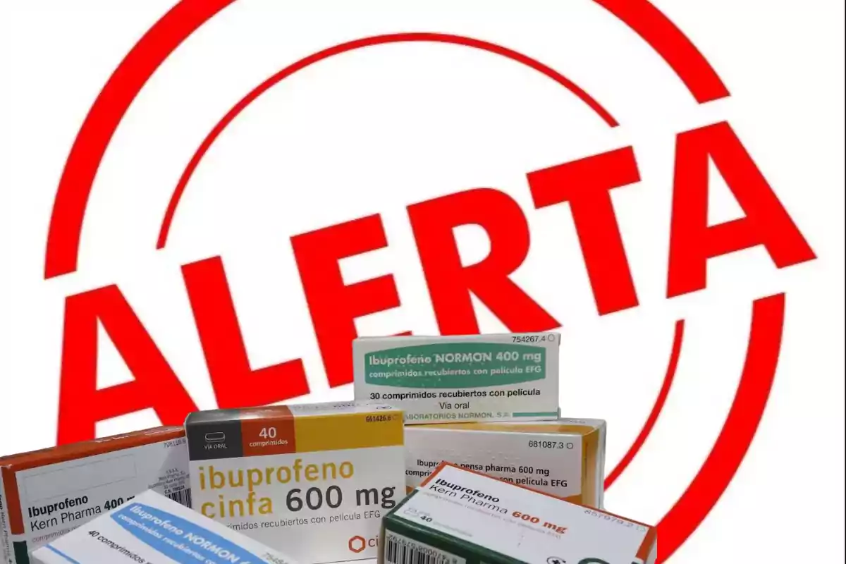 Alerta sobre medicamentos de ibuprofeno en cajas de diferentes marcas.