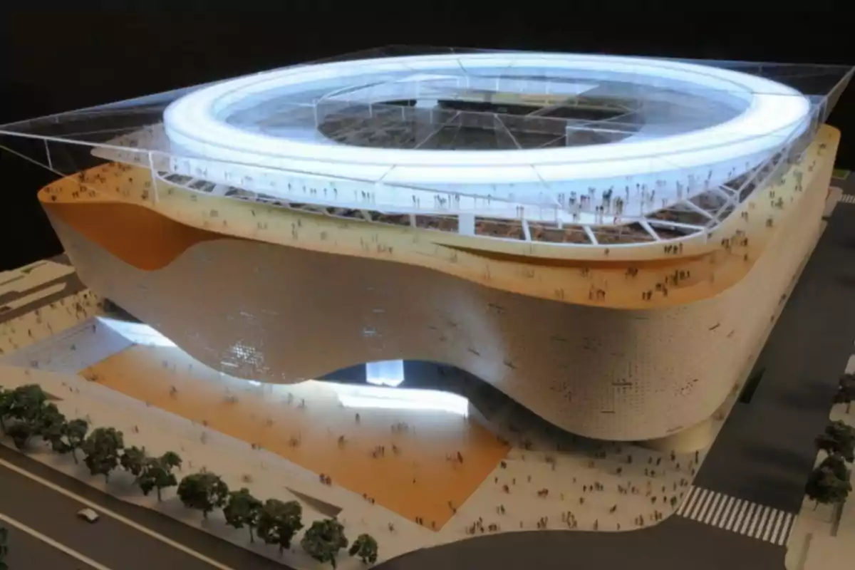 Maqueta de un edificio moderno con diseño futurista y estructura circular iluminada en la parte superior.