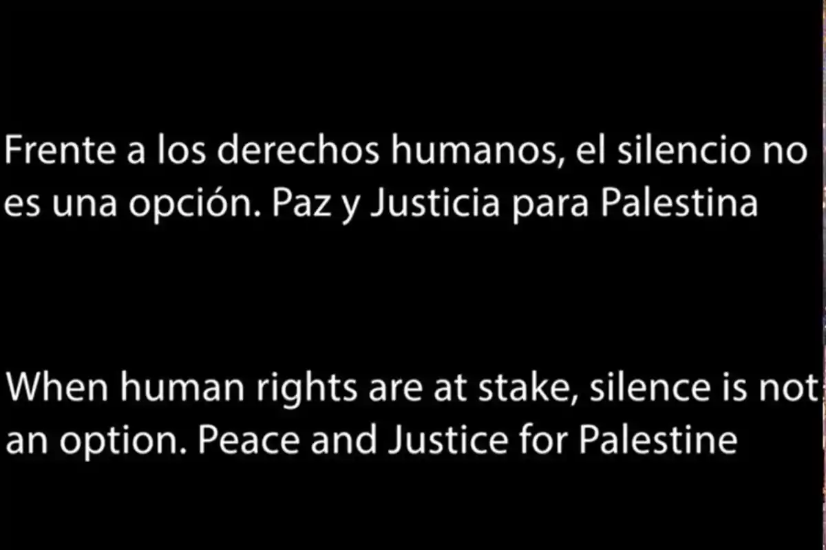 El texto en la imagen aboga por la importancia de no guardar silencio ante los derechos humanos y pide paz y justicia para Palestina. El texto en la imagen aboga por la importancia de no guardar silencio ante los derechos humanos y pide paz y justicia para Palestina.