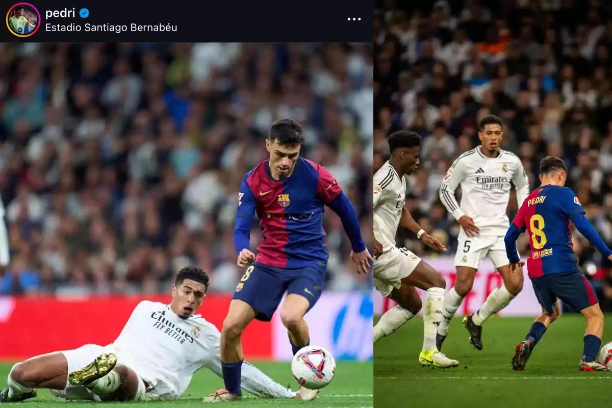 Jugadores de fútbol en acción durante un partido en el Estadio Santiago Bernabéu, uno con uniforme azul y rojo y otros con uniforme blanco.