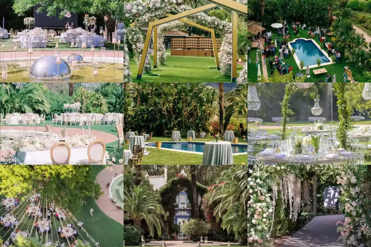 Collage de imágenes de un evento al aire libre con mesas decoradas, arcos florales, una piscina y un jardín exuberante. Collage de imágenes de un evento al aire libre con mesas decoradas, arcos florales, una piscina y un jardín exuberante.