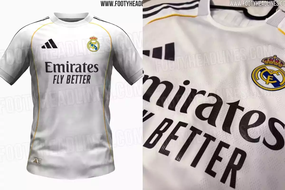 Camiseta de fútbol blanca con detalles en negro y amarillo, con el logo de un equipo y un patrocinador en el frente. Camiseta de fútbol blanca con detalles en negro y amarillo, con el logo de un equipo y un patrocinador en el frente.