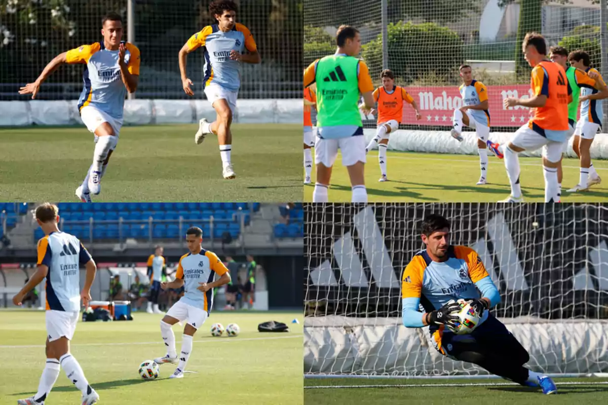 Jugadores de fútbol entrenando en un campo, algunos corriendo, otros calentando y un portero atrapando el balón. Jugadores de fútbol entrenando en un campo, algunos corriendo, otros calentando y un portero atrapando el balón.