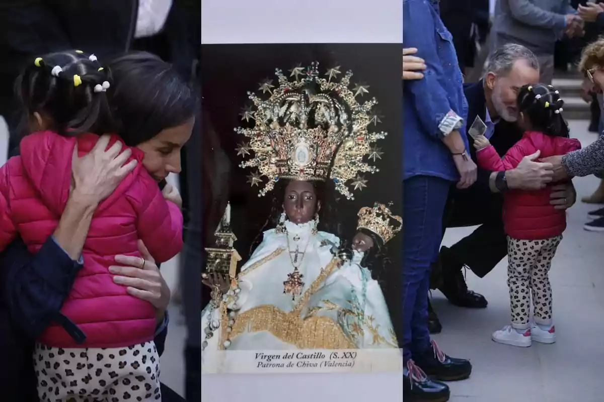 Una mujer abraza a una niña con chaqueta rosa, en el centro hay una imagen de la Virgen del Castillo y a la derecha un hombre se agacha para hablar con la misma niña.