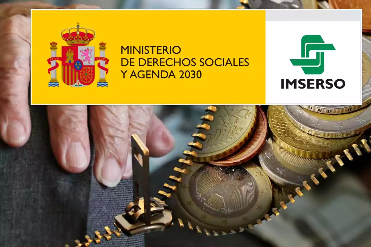 Imagen que muestra el logotipo del Ministerio de Derechos Sociales y Agenda 2030 junto al logotipo del IMSERSO, con una mano de una persona mayor y monedas de euro.