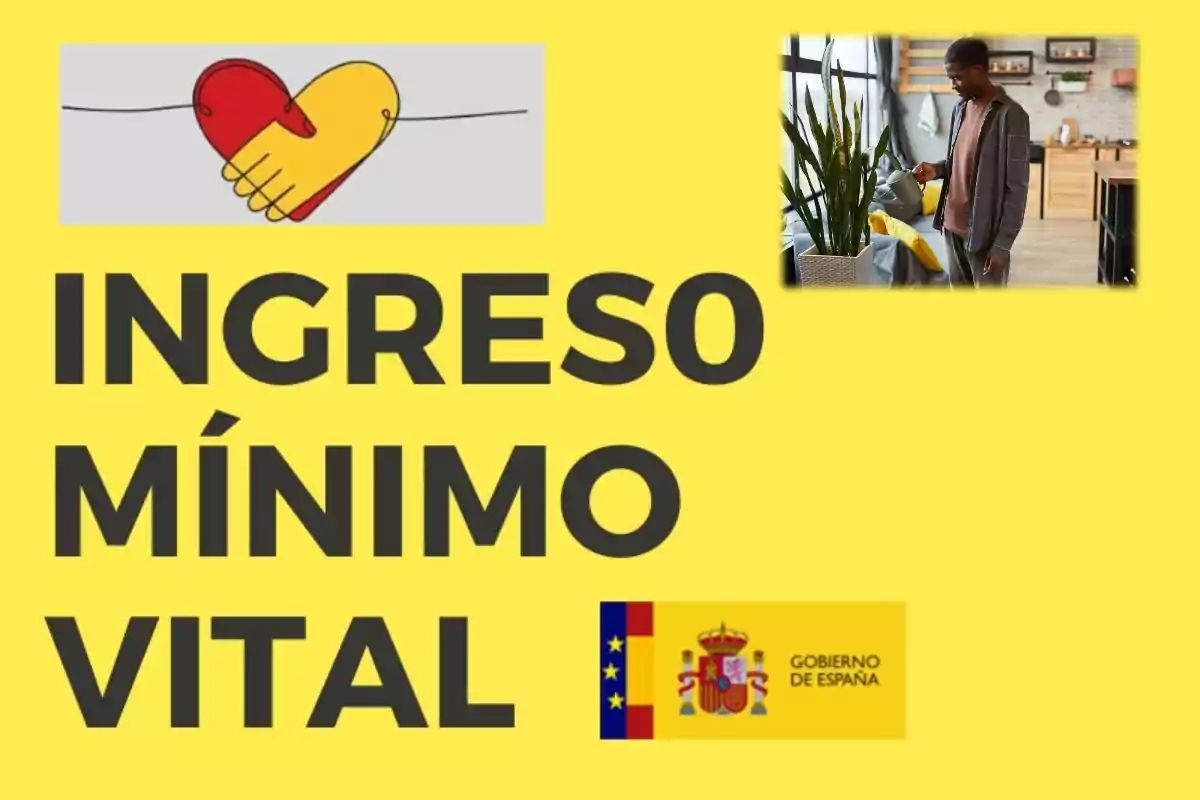 Cartel amarillo con el texto "INGRESO MÍNIMO VITAL", un dibujo de dos manos entrelazadas en la parte superior izquierda, una foto de una persona regando una planta en la parte superior derecha y el logo del Gobierno de España en la parte inferior derecha.