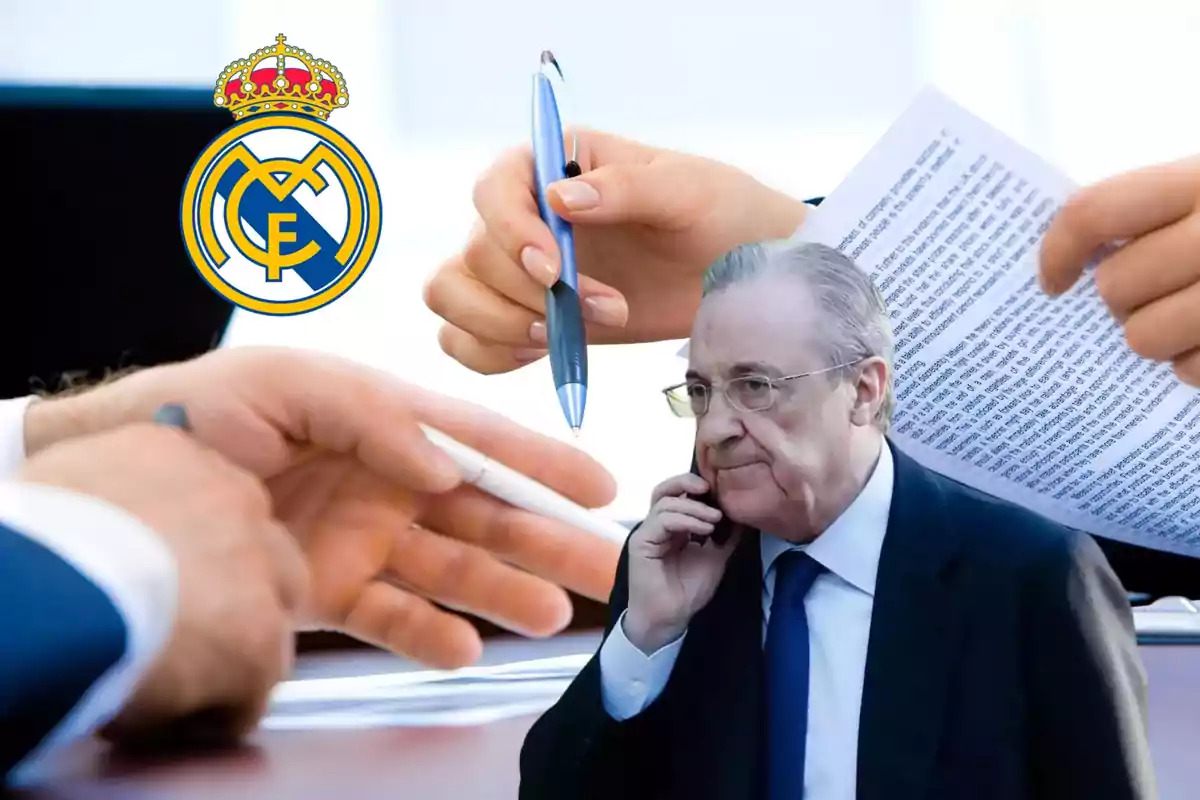 Persona hablando por teléfono con el logo del Real Madrid y manos firmando un documento en el fondo.