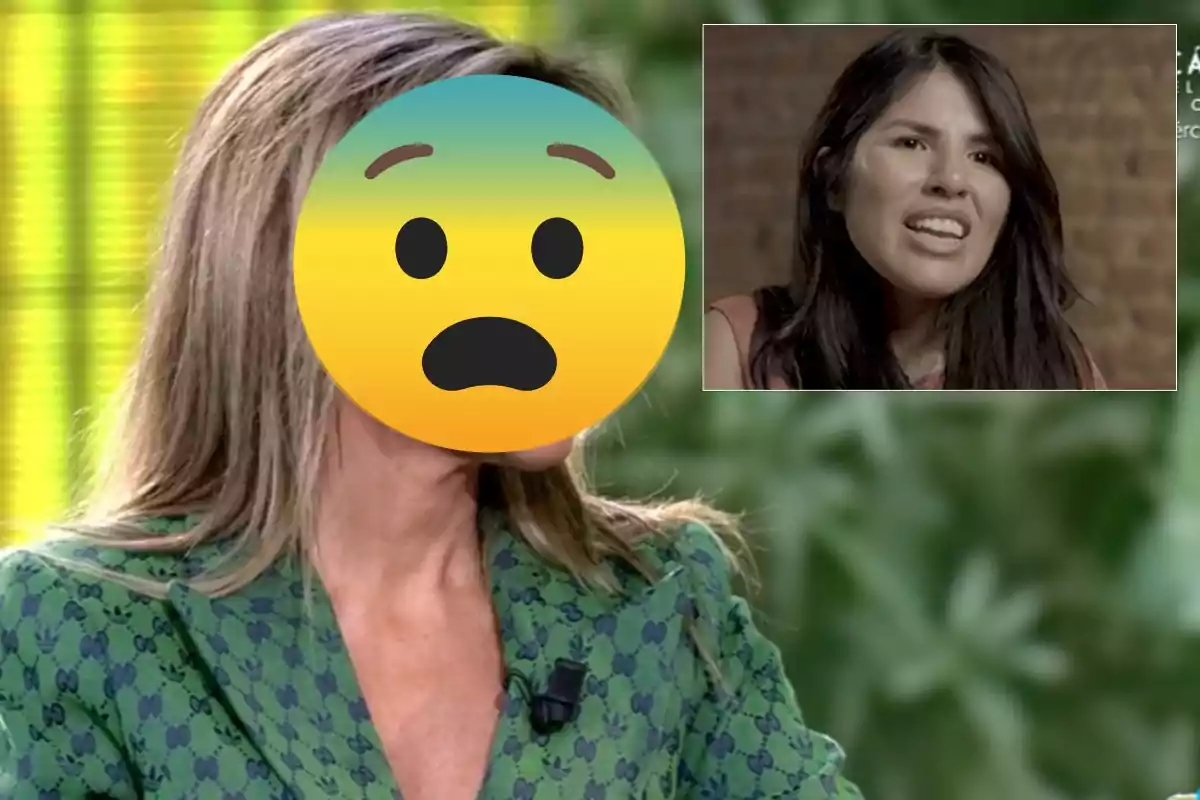 Una persona con un emoji de cara sorprendida cubriendo su rostro y una imagen insertada de otra persona hablando.