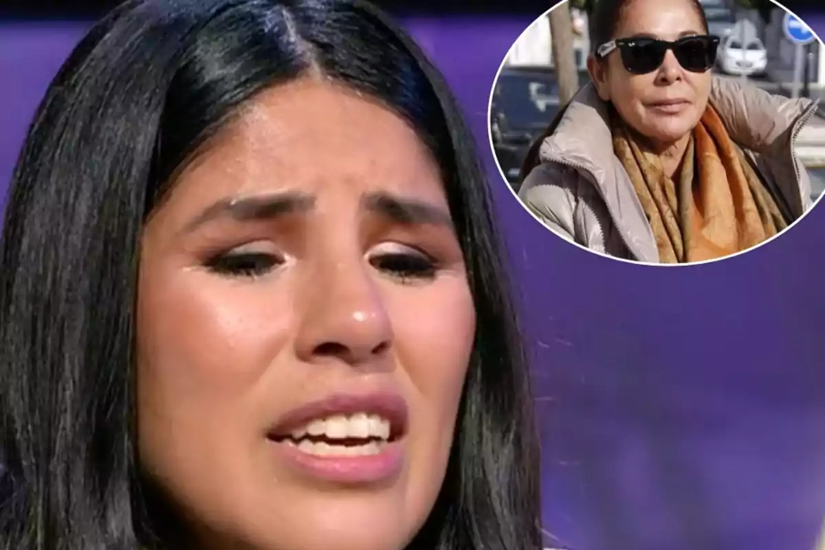 Mujer con expresión emocional en primer plano con una imagen insertada de otra mujer usando gafas de sol y bufanda.