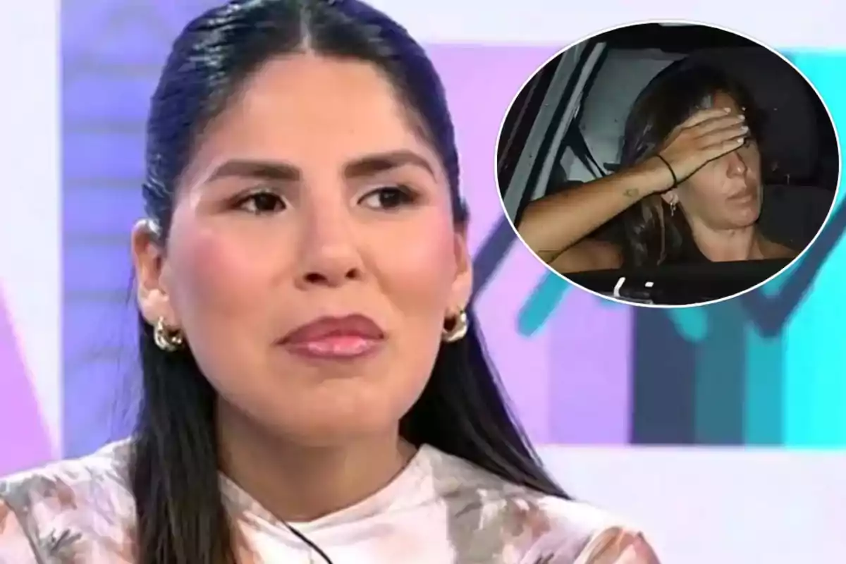 Una mujer con cabello oscuro y aretes dorados aparece en un programa de televisión, mientras que en un recuadro se muestra a otra mujer cubriéndose el rostro con la mano dentro de un automóvil.