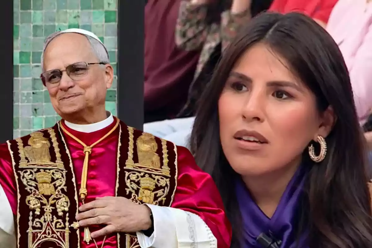 Un hombre vestido con vestimenta papal y una mujer con expresión seria en un entorno de público.