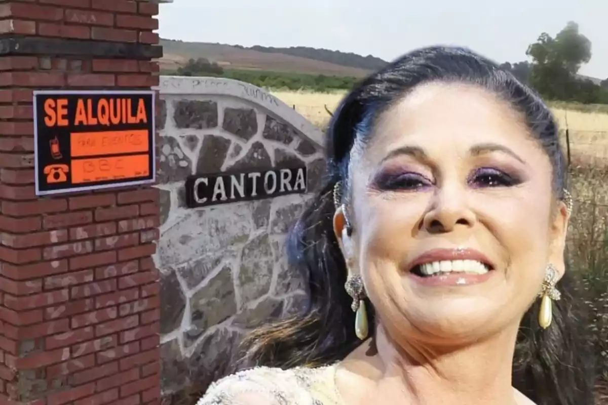 Una persona sonriente frente a un cartel de "Se alquila para eventos" y un muro con la palabra "Cantora".