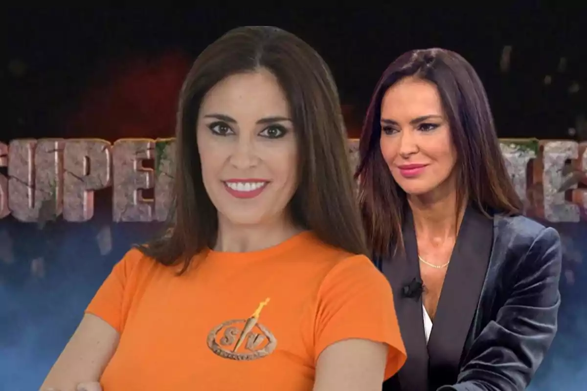 Dos mujeres posando frente a un fondo con el logo de un programa de televisión.