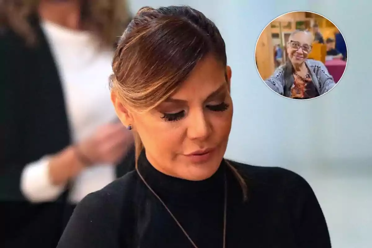 Una mujer con el cabello recogido y vestida de negro está mirando hacia abajo, mientras que en la esquina superior derecha hay una imagen circular de una mujer mayor sonriendo.