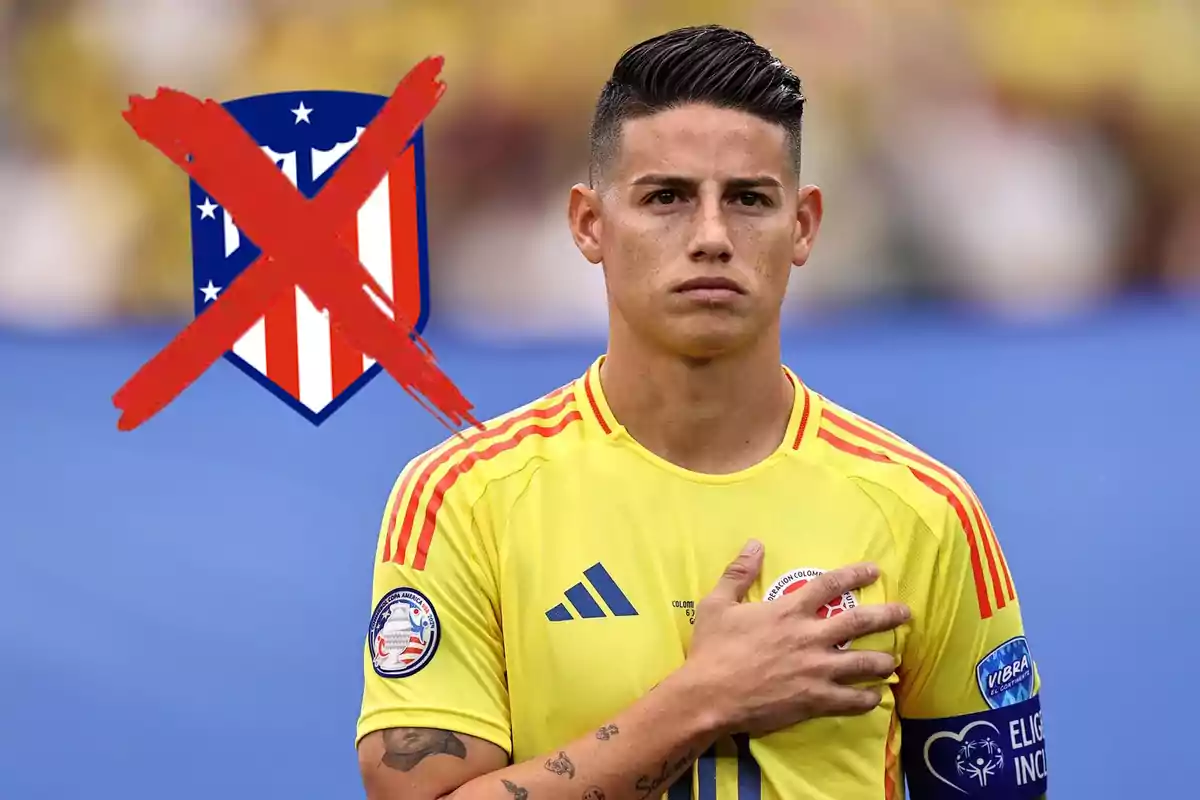 James Rodríguez y un escudo del Atlético de Madrid tachado en rojo a su lado.