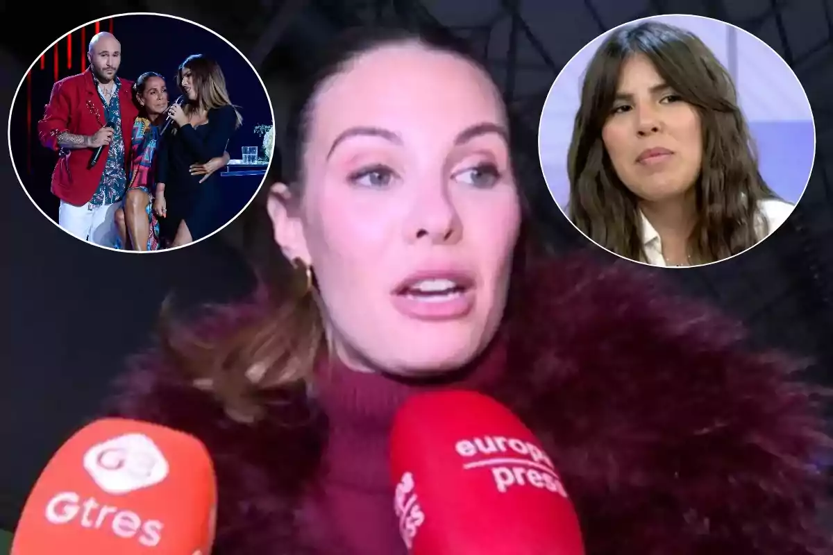 Una mujer hablando frente a varios micrófonos con dos imágenes circulares superpuestas mostrando a tres personas en un escenario y a otra mujer en un entorno diferente.