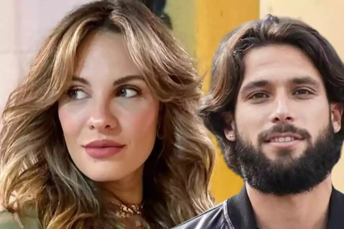 Una mujer y un hombre con cabello largo y barba posan juntos frente a un fondo amarillo.