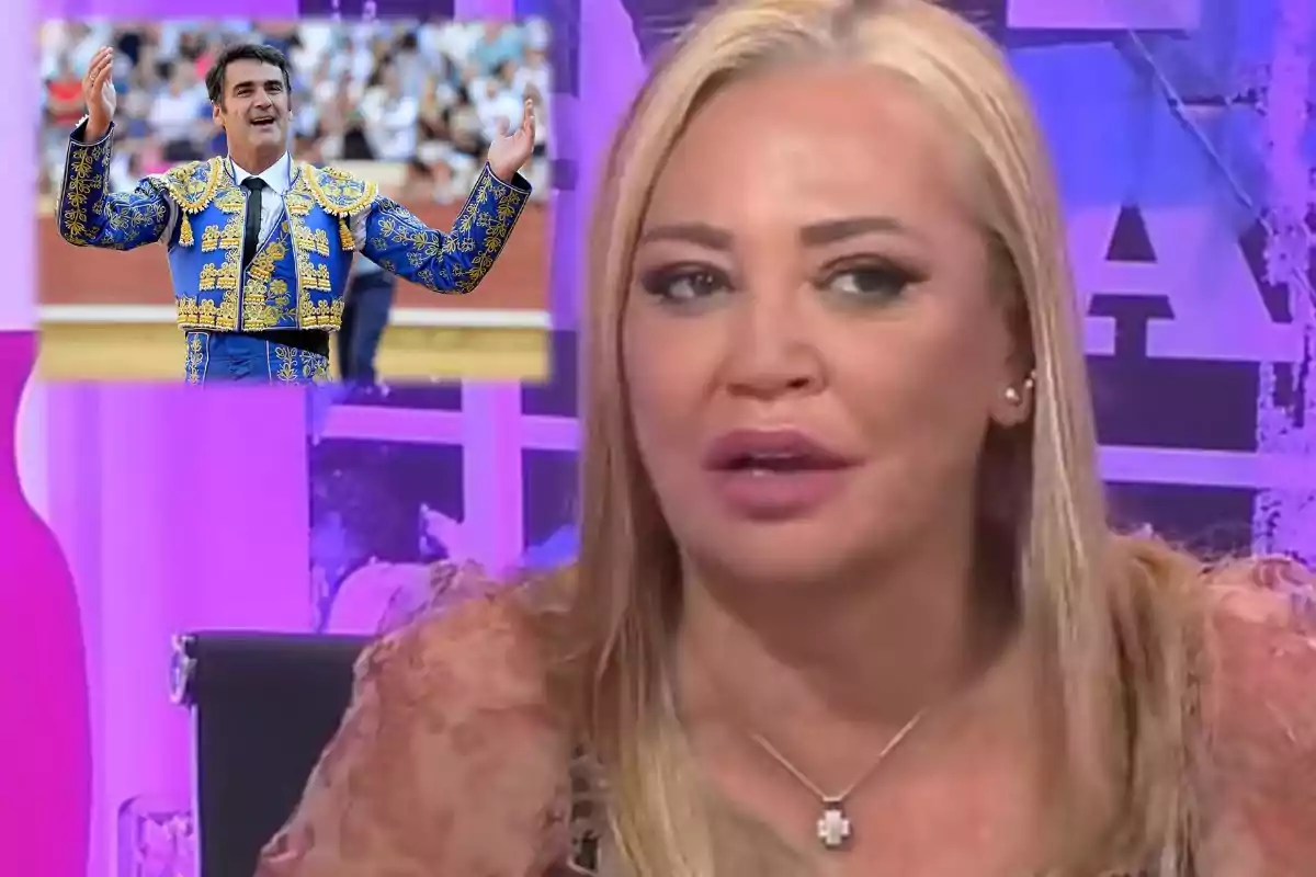 Una mujer rubia en un programa de televisión con la imagen de un torero en la esquina superior izquierda.