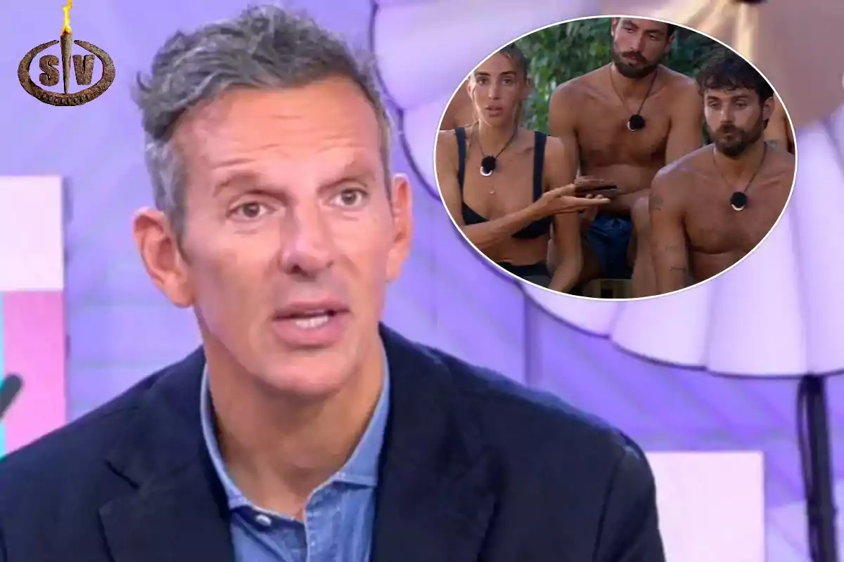 Un hombre hablando en un programa de televisión con una imagen superpuesta de tres personas en un entorno al aire libre.