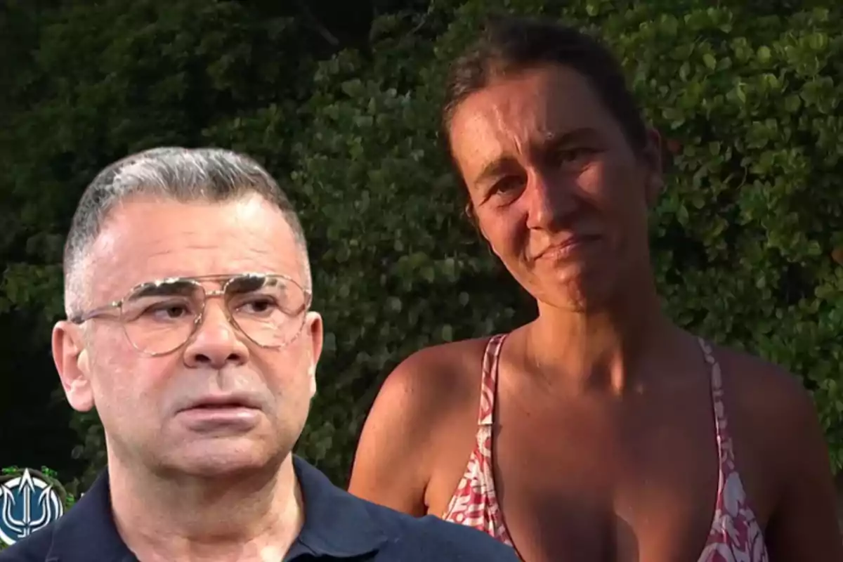 Dos personas en un entorno al aire libre con vegetación de fondo.