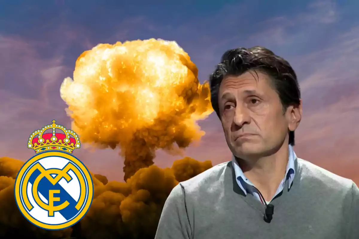 Un hombre con expresión seria, una explosión de fondo y el escudo del Real Madrid.