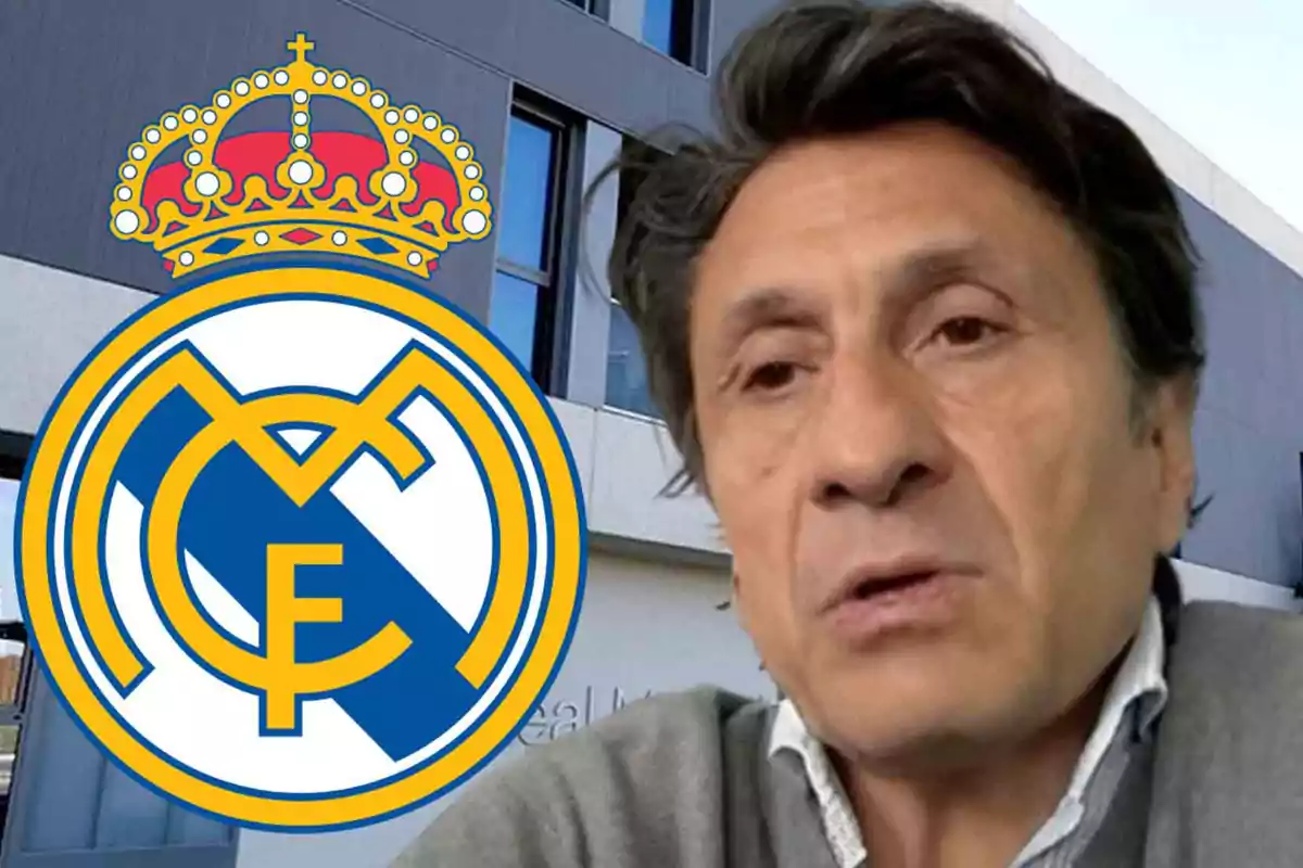 Un hombre frente a un edificio con el logo del Real Madrid en primer plano.