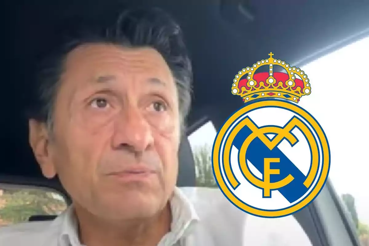 Hombre en un coche con el logo del Real Madrid superpuesto.