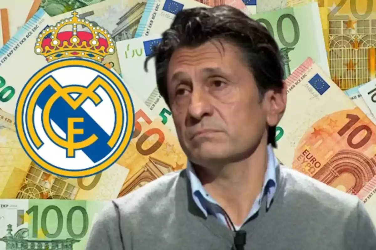 Un hombre con expresión seria frente a un fondo de billetes de euro y el escudo del Real Madrid.