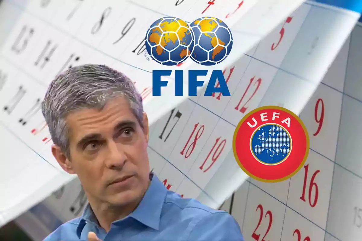 Hombre de cabello canoso con camisa azul frente a un fondo de calendario con los logotipos de FIFA y UEFA.