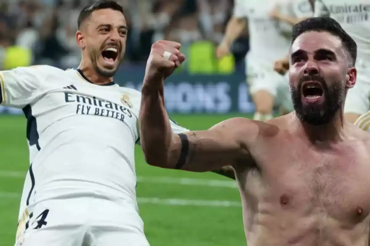 Dos jugadores de fútbol celebrando efusivamente en el campo, uno de ellos sin camiseta y el otro con la camiseta del Real Madrid.