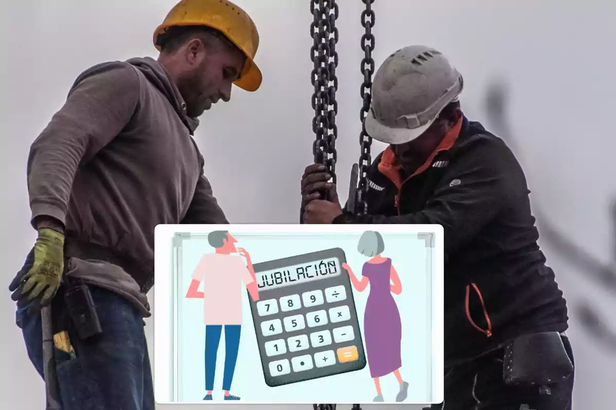 Dos trabajadores de la construcción con cascos y guantes están manipulando una cadena, mientras que en la parte inferior de la imagen se muestra una ilustración de dos personas observando una calculadora gigante con la palabra "Jubilación".